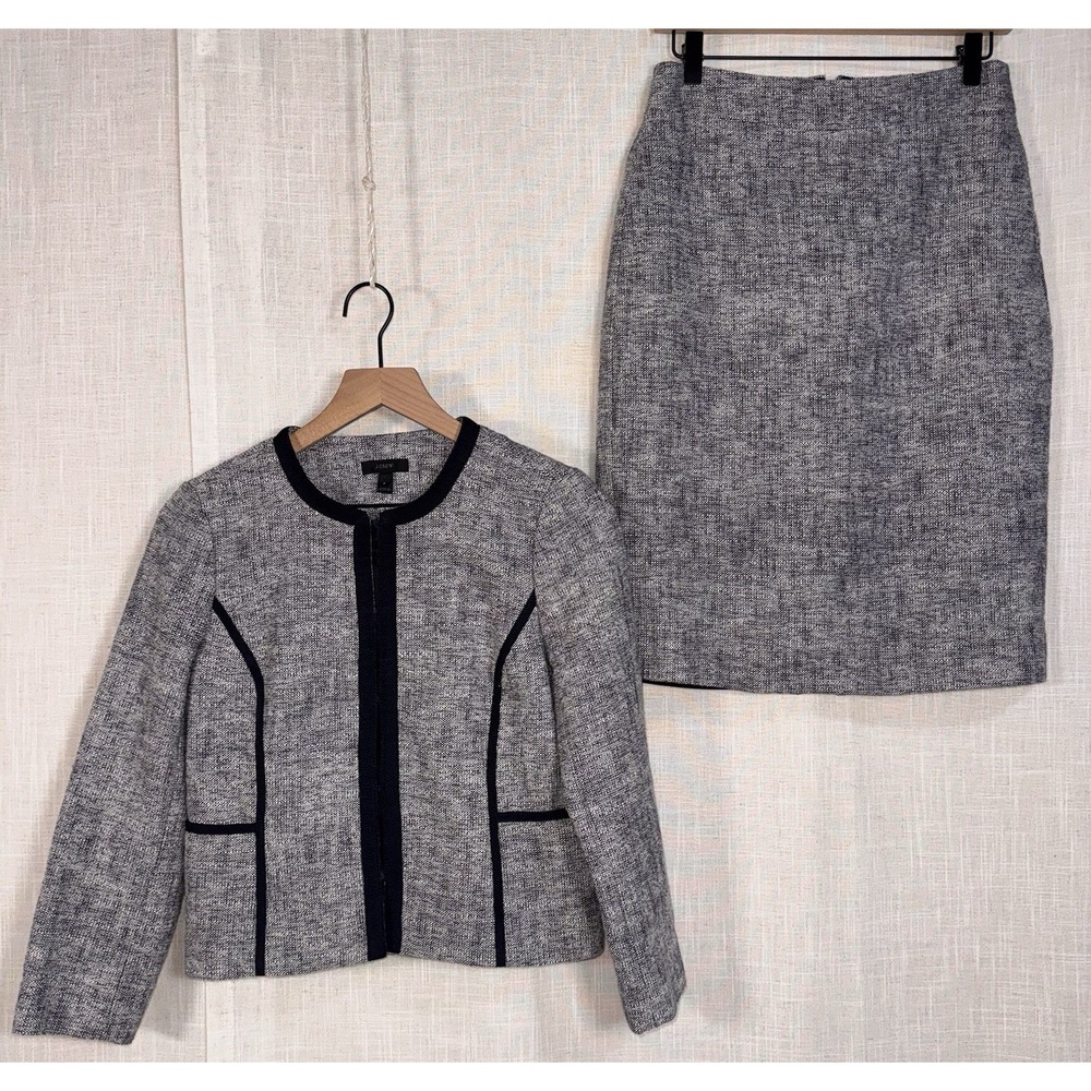 J Crew Women's Sz 6 10 Blazer Skirt Suit Set Tweed Navy Blue Cotton